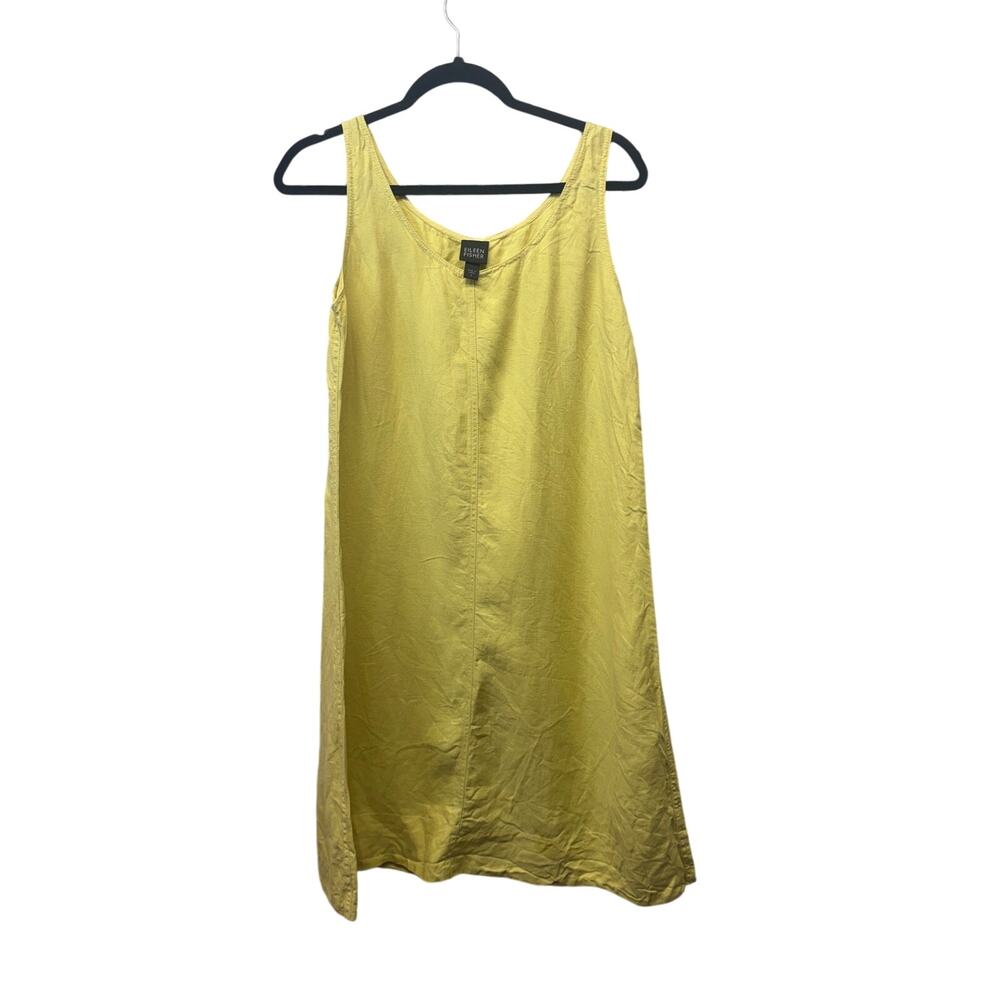 Eileen Fisher Dress Womens Yellow Linen Relaxed Knit Midi Dress small